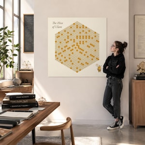 Può includere: Una stampa artistica da parete quadrata intitolata The Hive of Ulam che presenta una grande griglia esagonale di celle numerate. Molte celle sono evidenziate in giallo e una piccola ape dei cartoni animati con un punto interrogativo in basso.