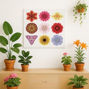 May include: A canvas print displaying nine symmetrical floral designs in various colours. The flowers are in shades of red, pink, yellow, purple, and blue. The print is on a white wall, with potted plants in the foreground.