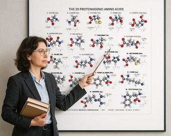 May include: A framed poster titled "THE 20 PROTEINOGENIC AMINO ACIDS" displays molecular structures of amino acids. A woman in a blazer and glasses points to the poster with a wooden pointer, holding books. The poster is in a black frame.