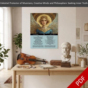 May include: An artistic print featuring an angel with golden wings and a crown, with text that reads "Celestial Protector of Musicians, Creative Minds and Philosophers Seeking Inner Truth." A violin, books, and a bust of a philosopher are on a wooden table.