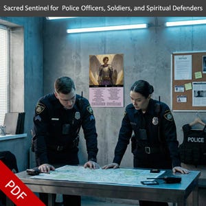 May include: Two police officers in uniform examine a map on a metal table. A poster with an angel illustration hangs on the wall. The poster's text reads "Sacred Sentinel for Police Officers, Soldiers, and Spiritual Defenders". A "PDF" watermark is in the lower left corner.