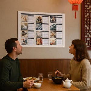 Może przedstawiać: Para siedzi przy drewnianym stole w restauracji, patrząc na oprawiony kalendarz chińskiego zodiaku. Kalendarz zawiera kolorowe ilustracje zwierząt i tekst. Czerwona latarnia wisi u sufitu. Na stole znajduje się jedzenie i napoje.