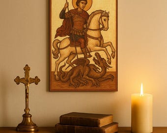 Gravura em madeira de São Jorge e o Dragão: Ícone bizantino, arte cristã gótica