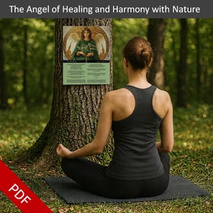 May include: A woman in a dark gray tank top and black leggings meditates on a yoga mat in a forest. A poster on a tree trunk displays an angel illustration with the text "The Angel of Healing and Harmony with Nature."