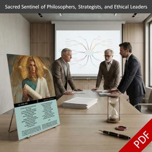May include: An image of a meeting room with three men and a presentation. A card with the text "62 JAH-HEL" and an illustration of an angel is on a stand. The text "Sacred Sentinel of Philosophers, Strategists, and Ethical Leaders" is at the top. A PDF icon is in the bottom right.