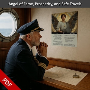 May include: A man in a navy blue captain's uniform and hat sits at a wooden desk, looking at a map. A framed image of an angel with wings hangs on the wall. The image is labeled "Angel of Fame, Prosperity, and Safe Travels."