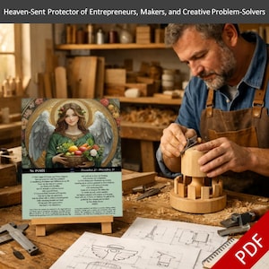 May include: An image of a card on a wooden easel featuring an angel illustration with text. The angel holds a basket of fruit. A person is working with wood in the background. The text on the card reads "Heaven-Sent Protector of Entrepreneurs, Makers, and Creative Problem-Solvers".