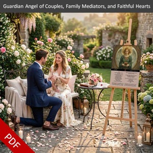 May include: A couple in a garden setting, with a man kneeling to propose. A painting of an angel on an easel is visible. The scene is surrounded by flowers, candles, and a small table with a bouquet.