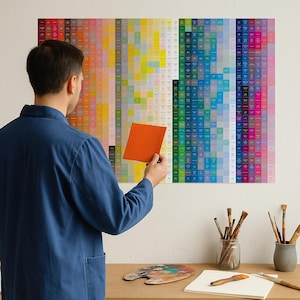 Puede incluir: Un artista con una chaqueta azul sostiene una muestra de color naranja frente a una gran carta de colores. La carta es una cuadrícula de muestras de color, que van del rojo al púrpura. Pinceles, una paleta y útiles de arte sobre una mesa de madera.