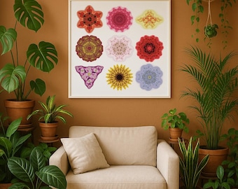 Fractal Blooms – Pôster de Arte Floral com 9 Fractais de Flores Algorítmicas – Pôster Premium com Moldura de Madeira