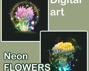 Flowers in Vase Painting Digital Download Wall Art Print Floral PNG Art Neon Flowers digital Wallpaper PNG File Magic illustration