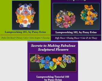 AHORRE EN GRANDE Paquete de 3 tutoriales de cuentas de flores de cristal de Murano de Patsy Evins