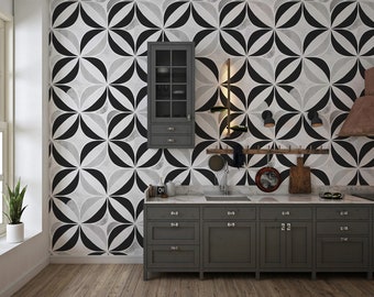 Zwart en wit Art Deco behang Peel and Stick | Monochroom abstract behang verwijderbaar | Geometrisch ornamentbehang | Abstracte muurschildering
