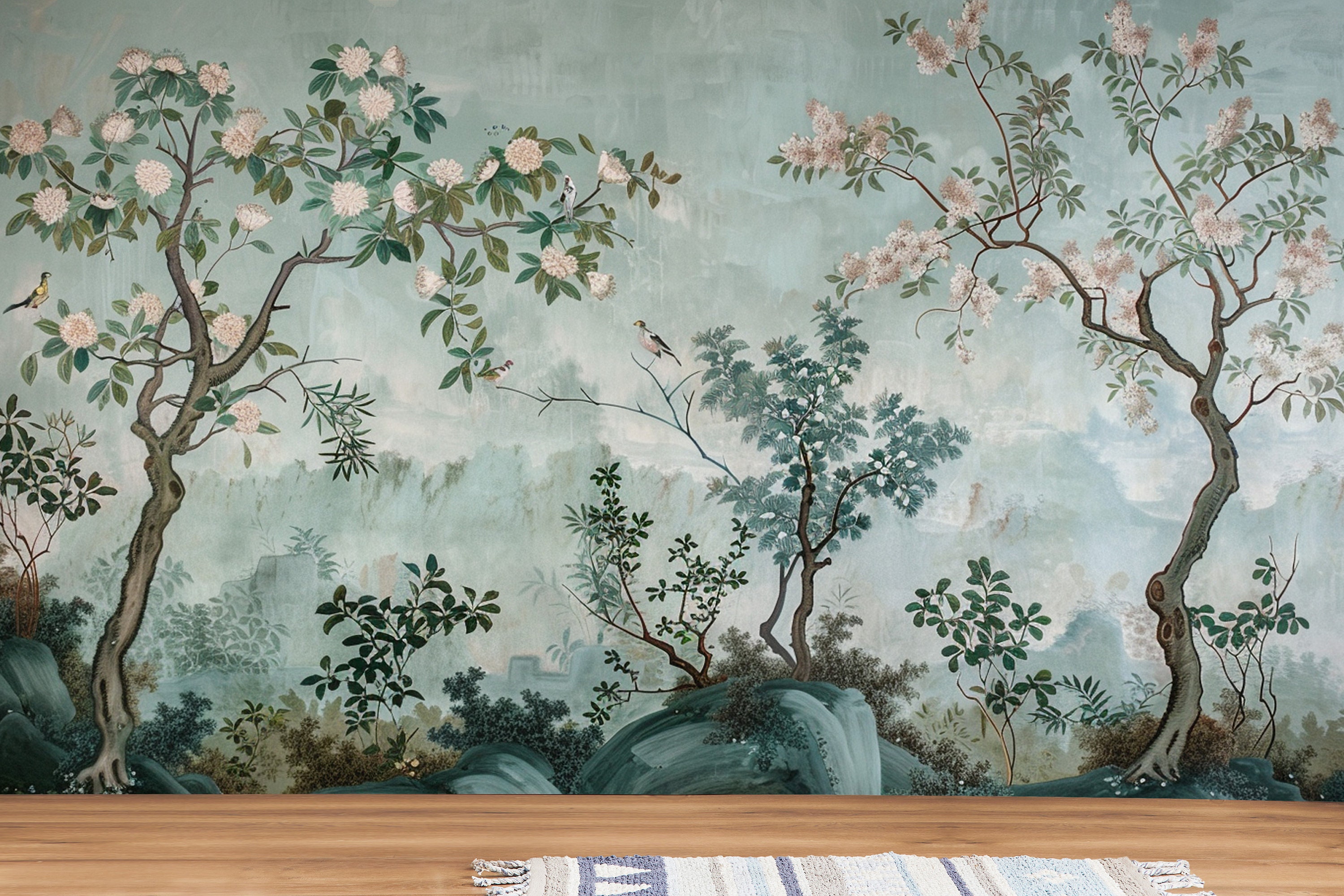 Vintage Tree Landscape Wallpaper Mural: Blue Peel and Stick - Etsy Canada