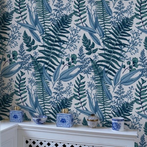 Fern Botanical Wallpaper, Blue Botanical Wallpaper Peel And Stick, Vintage Fern Wallpaper, Floral Wallpaper Mural Vintage, Blue Wallpaper