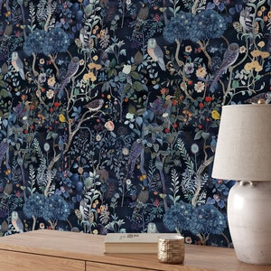 Dark Vintage Botanical Wallpaper, Botanical Secret Garden Peel And Stick Wallpaper, Floral With Birds Wallpaper Mural, Owl Wall Mural