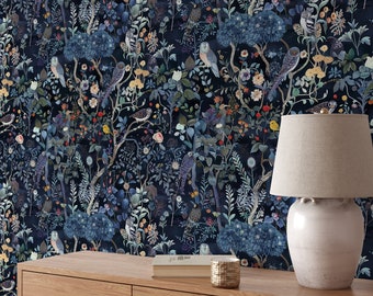 Dark Botanical Wallpaper: Vintage Owl & Bird Mural, Peel and Stick