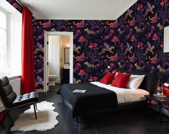 Mushroom Wallpaper: Mythical Creatures, Dark Botanical Peel and Stick Mural