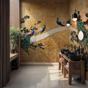 Gold Chinoiserie Tapete, Pfau Schälen und Aufkleben Tapete, Vintage Asiatisches Wandbild, Panorama Tapete mit Vögeln, Blumen Tapete