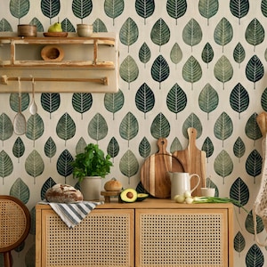 Leaf Wallpaper Peel And Stick , Vintage Green And White Wallpaper, Leaves Wallpaper , Abstract Floral Wallpaper , Botanical Wall Mural