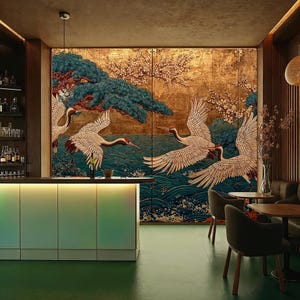 Chinoiserie Crane Wallpaper Mural: Asian Style Blossoms & Pine Trees