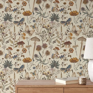 Vintage Botanical Wallpaper, Mushroom Wallpaper Peel And Stick, Floral With Butterfly Wallpaper Mural, Soft Botanical Wall Mural