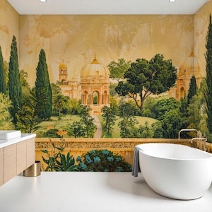 Exotic Landscape Wall Mural, Lush Jaipur Garden Wallpaper Mural, Vibrant Gold Peel and Stick Wallpaper, Vintage Indian Scenic Wallpaper