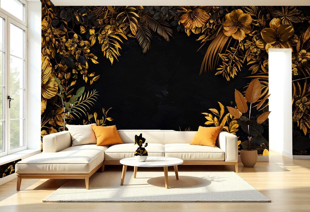 Luxury Gold Leaf Floral Wallpaper: Peel and Stick Tropical Wall Mural ...