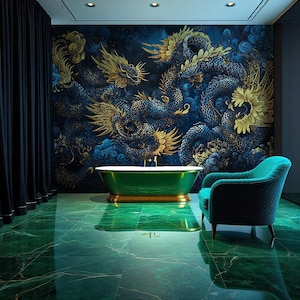 Dragon Peel and Stick Wallpaper, Vintage Chinese Wallpaper Navy Blue and Gold , Celestial Chinoiserie Wallpaper, Dark Wallpaper With Dragon