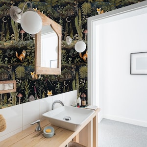 Mushroom Fox Fern Wallpaper: Mystical Dark Peel and Stick Wall Mural
