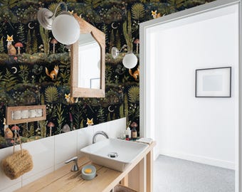 Mushroom Fox Fern Wallpaper: Mystical Dark Peel and Stick Wall Mural