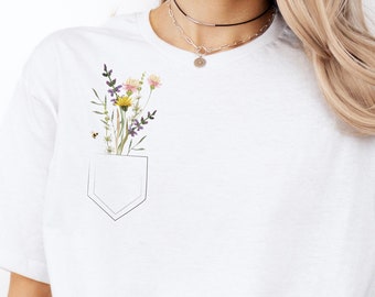 Garten T-Shirt, Blumen Shirt, Naturliebhaber, Geschenk, Boho Wildflower, Nature Shirt, Flower Love, wachsen, Brusttasche