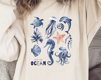 Save the Ocean Sweatshirt, Unisex Ocean Sweatshirt, Whale Shirt, Sea Shirt, Shark Shirt, Marine Biology Gift for Her/Him, Summer Sweatshirt