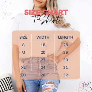 May include: Size chart for a t-shirt with measurements in inches for width and length. The chart shows sizes S, M, L, XL, and 2XL with corresponding width and length measurements.