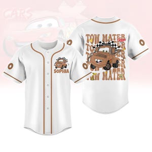 Custom Disney Cars Baseball Jersey, Disney Tow Mater Jersey Shirt, Disneyland Radiator Springs Jersey, WDW Cars Land Piston Cup Baseball