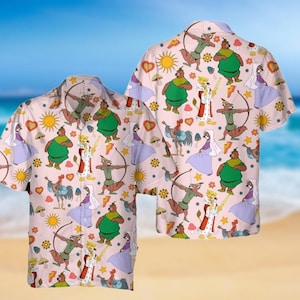 Camicia hawaiana Robin Hood, camicia Aloha vintage dei cartoni animati, camicia estiva retrò Disney, divertente vestito per le vacanze, grazioso regalo per i fan degli anni '80-'90