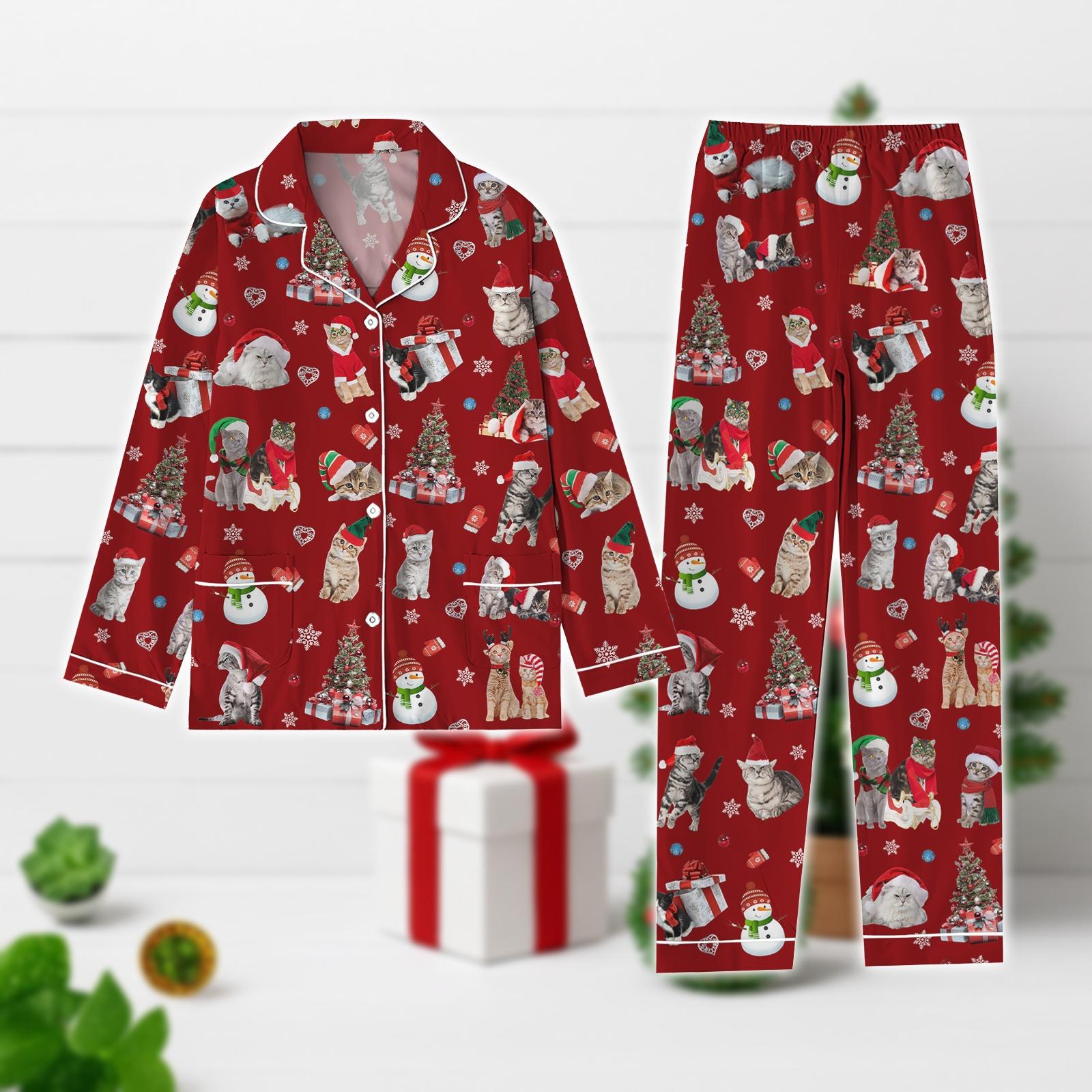 Discover Cat Lover Christmas Pajamas Set, Funny Kitten Long Sleeve Pajamas, Cute Pet Holiday Sleepwear, Cozy Xmas Gift, Cute Cat Kid Pjs