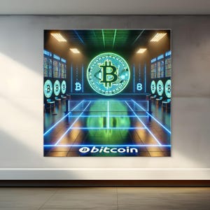 Neon Bitcoin Tennis Court Canvas Art: Crypto Gift