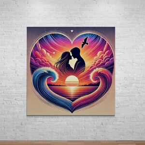 Romantic Sunset Canvas Art: Silhouetted Couple, Heart Waves
