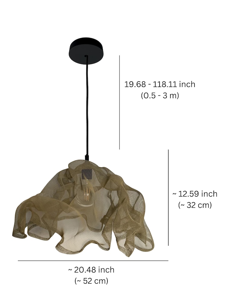 May include: A pendant light with a gold-toned, wavy mesh shade and a black ceiling canopy. The fixture has an adjustable cord length of 19.68 to 118.11 inches. The shade measures approximately 12.59 inches in height and 20.48 inches in width.