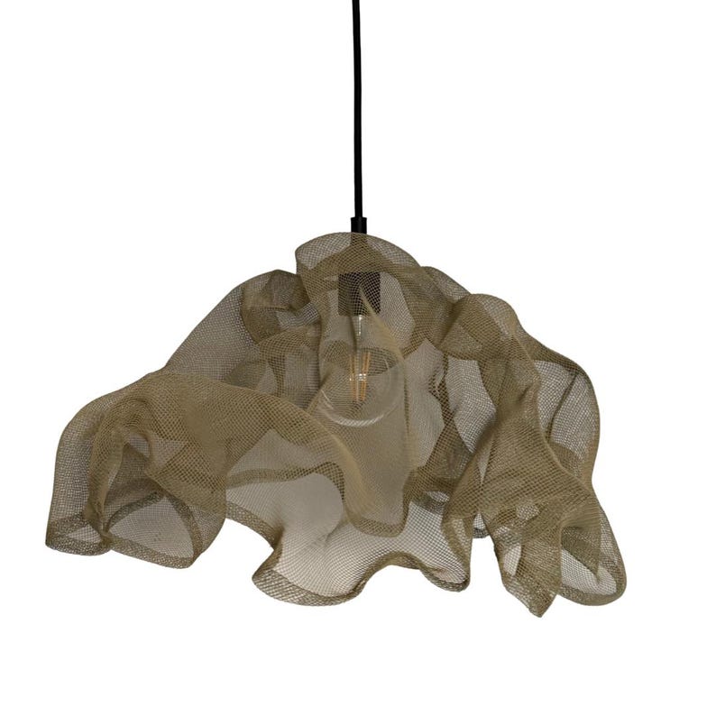 May include: A pendant light fixture featuring a gold-toned, fine wire mesh shade with an organic, rippled, and flowing shape. The shade is suspended by a thin black cord and houses a single clear light bulb visible through the mesh structure.