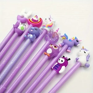 Purple Cartoon Character Gel Ink Rollerball Pens, 0.5mm Fine Point, 10-Pack with Bonus Pencil Case, Black Ink, Cute Stationery for Students