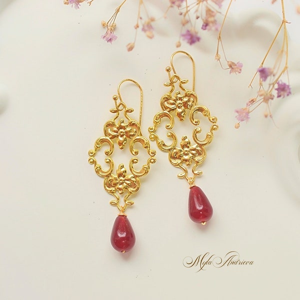 Red jade drop Gold earrings, vintage filigree earrings, statement earrings, summer everyday bohemian earrings, girlfriend gift, wife gift