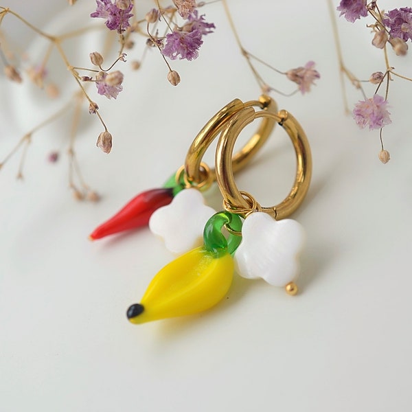 Mismatched Clover drop gold hoops, lampwork banana and pepper earrings, dainty white clovie earrings, birthday gift, gift for daughter