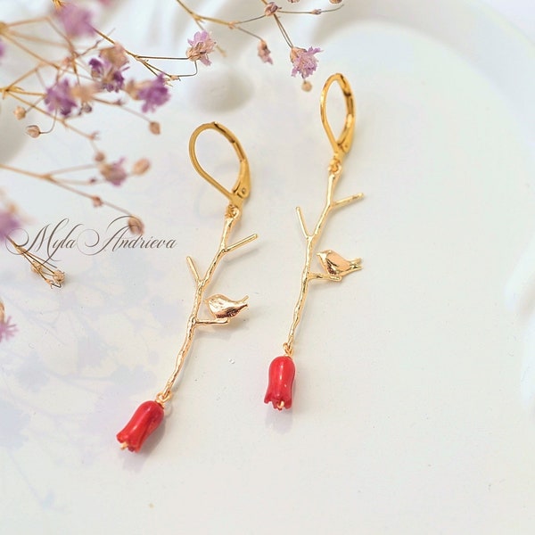 Natural Coral twig bird earrings, dove earrings, nature inspired gold earrings, red coral earrings, dainty wedding earrings, bridesmaid gift