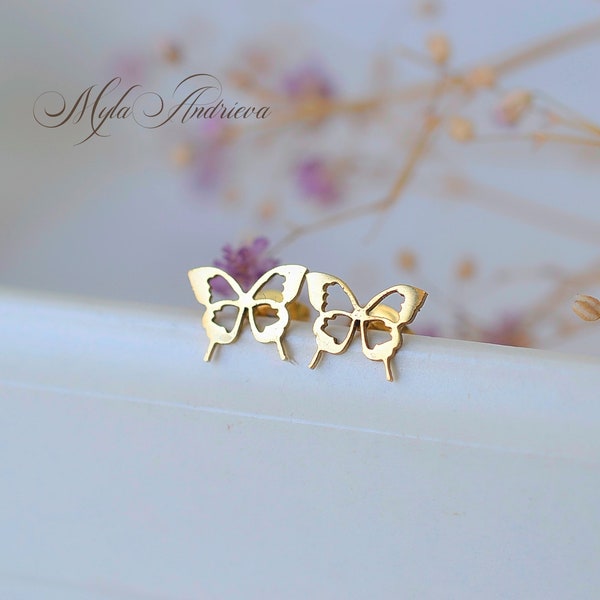 Butterfly gold posts, cute insect studs, minimal butterfly earrings, strength and beauty, spiritual, Rebirth symbol studs, unisex earrings