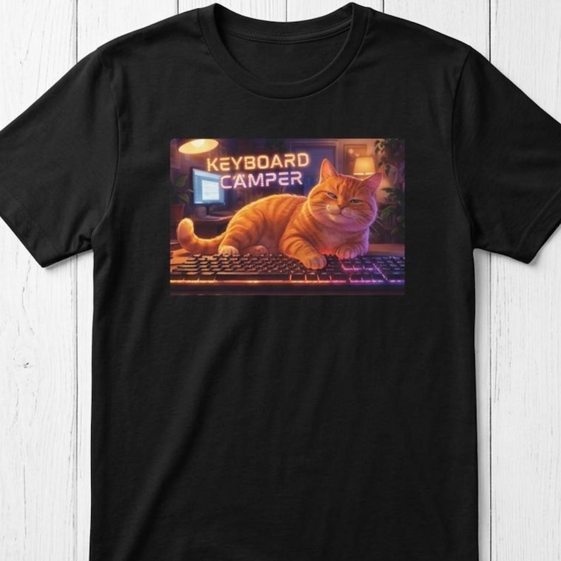 Illustrated cat lounging across a computer keyboard, paws stretched over the keys, with a contented expression. Funny cat lover graphic printed on a t-shirt