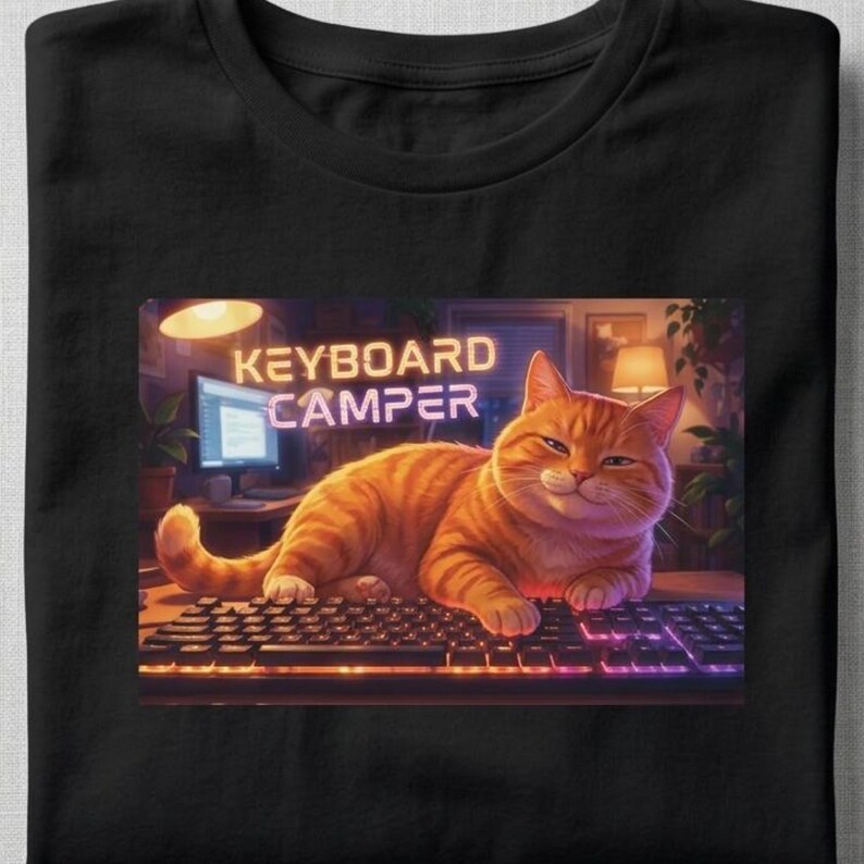 Illustrated cat lounging across a computer keyboard, paws stretched over the keys, with a contented expression. Funny cat lover graphic printed on a t-shirt