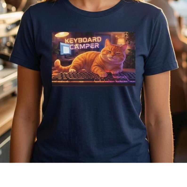 Illustrated cat lounging across a computer keyboard, paws stretched over the keys, with a contented expression. Funny cat lover graphic printed on a t-shirt
