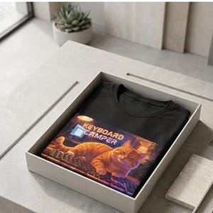 Gift boxed - Illustrated cat lounging across a computer keyboard, paws stretched over the keys, with a contented expression. Funny cat lover graphic printed on a t-shirt